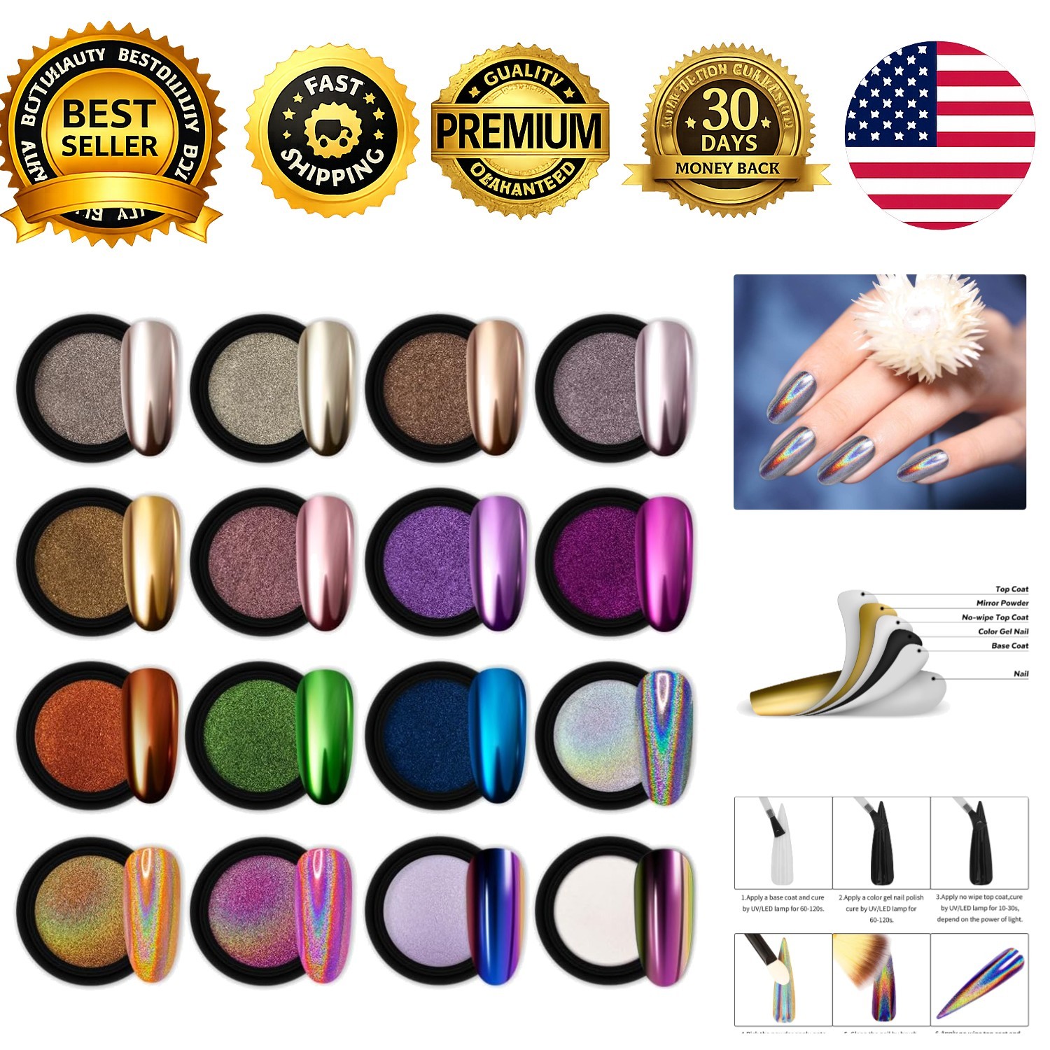 Chrome Nail Powder 16 Jars 1g Jar Fimo Gold Mirror Holographic Aurora Chameleon