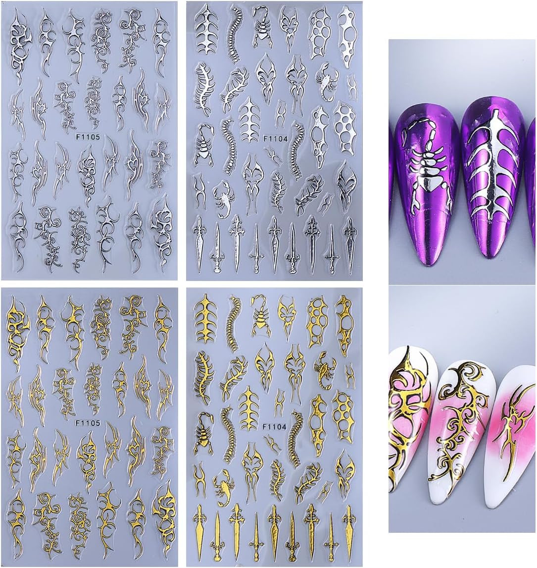4 Sheets Goth Nail Stickers for Nail Art 3D Punk Style Black Belt Nail Art Stick