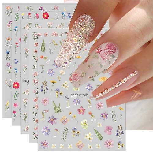 9 Sheets Spring Flower Nail Art Stickers Decals Self-Adhesive Colorful Flower