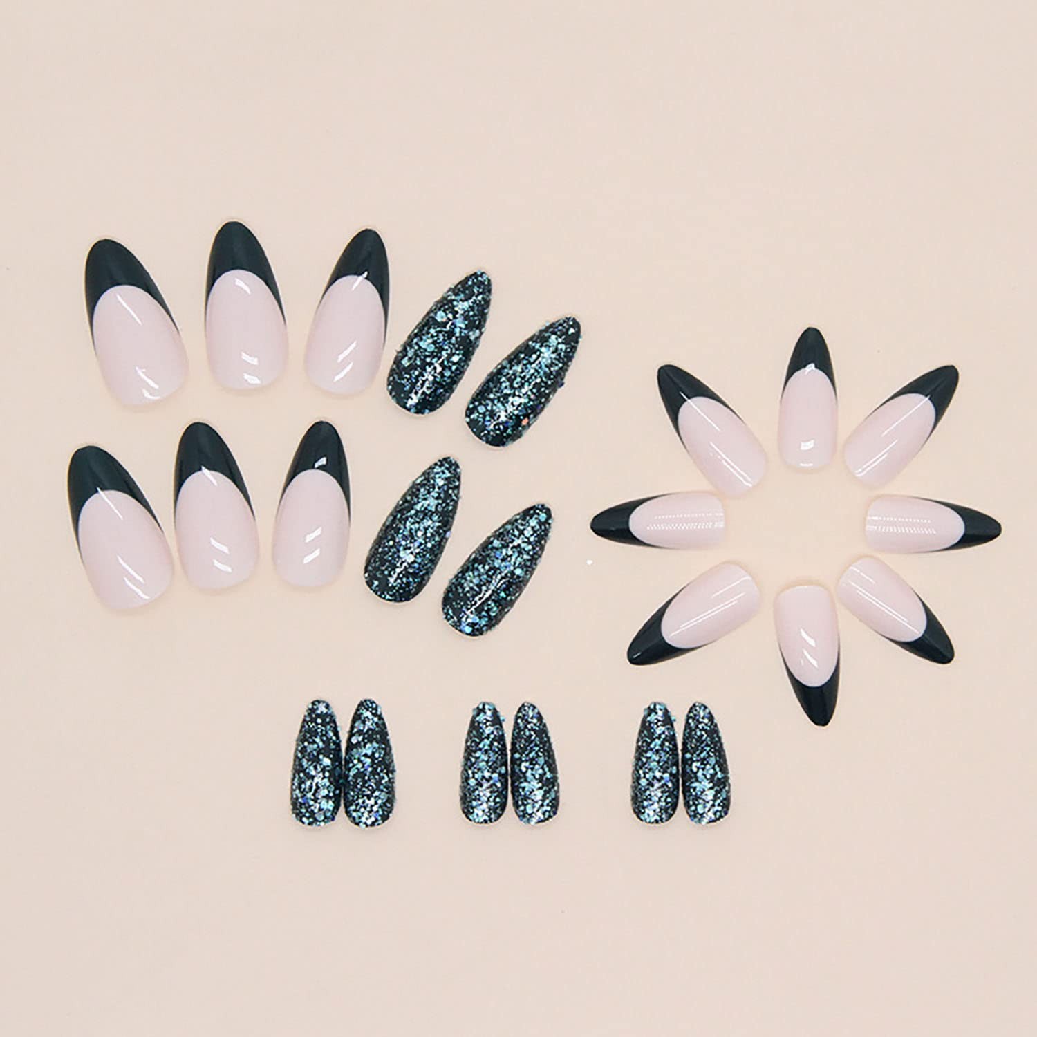Press on Nails Medium Almond French Tip Fake Nails Dark Green Glitter Full Co…
