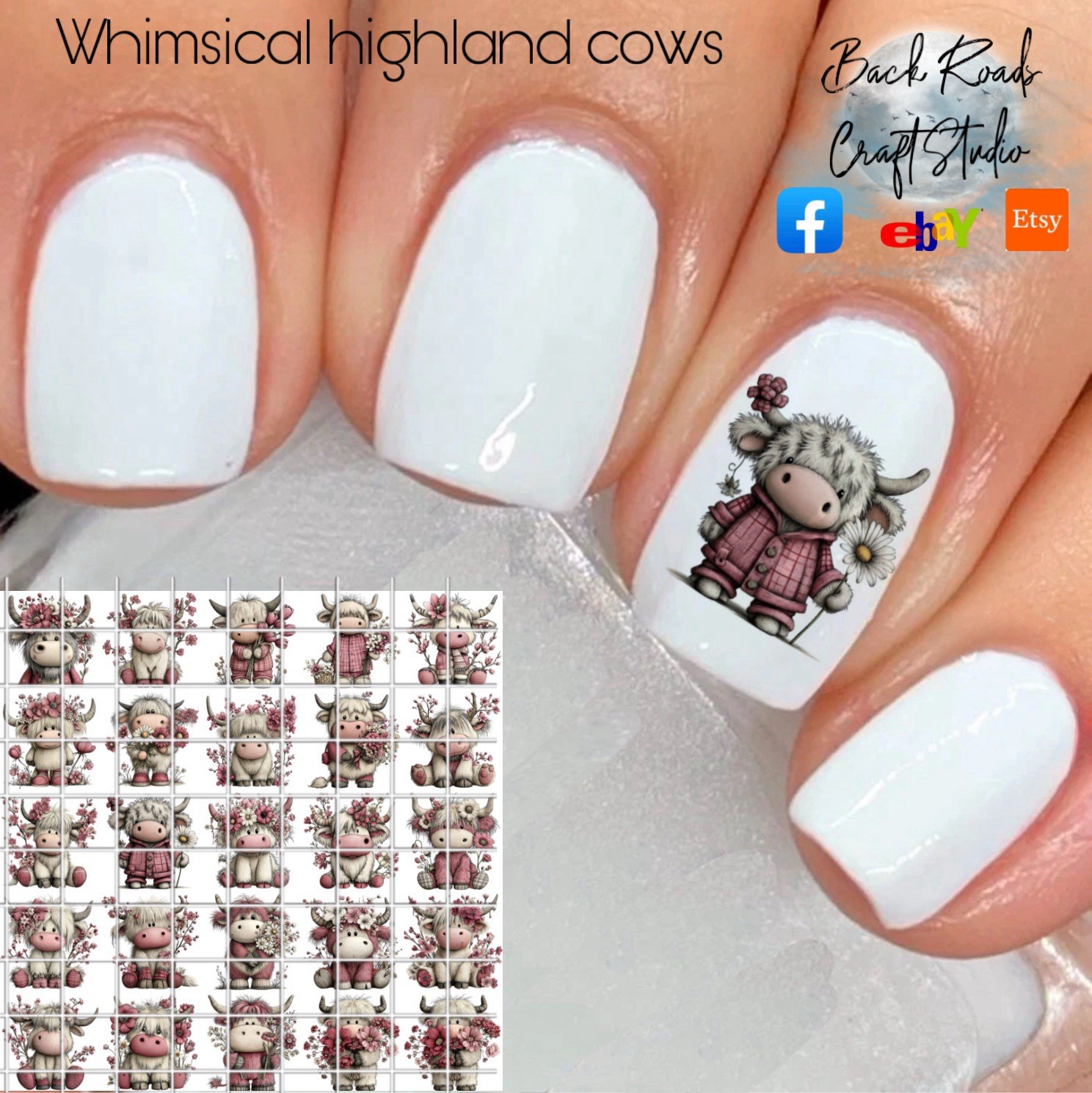 Whimsical Highland Cows Maroon Waterslide Nail Decals Set Of 50 Instructions
