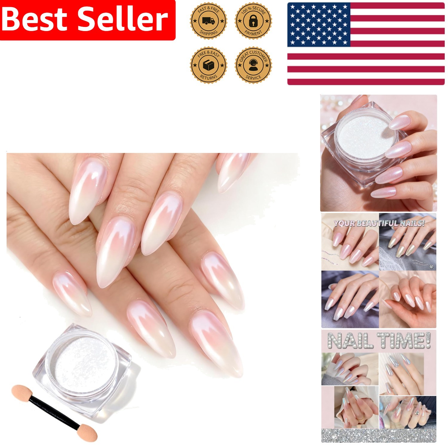 Iridescent Mermaid Chrome Nail Powder White Pearlescent Mirror Effect
