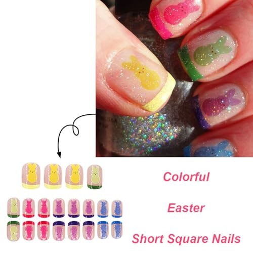 Easter Press On Nails Square Fake Nails Rabbit With Glitter Short Style A10