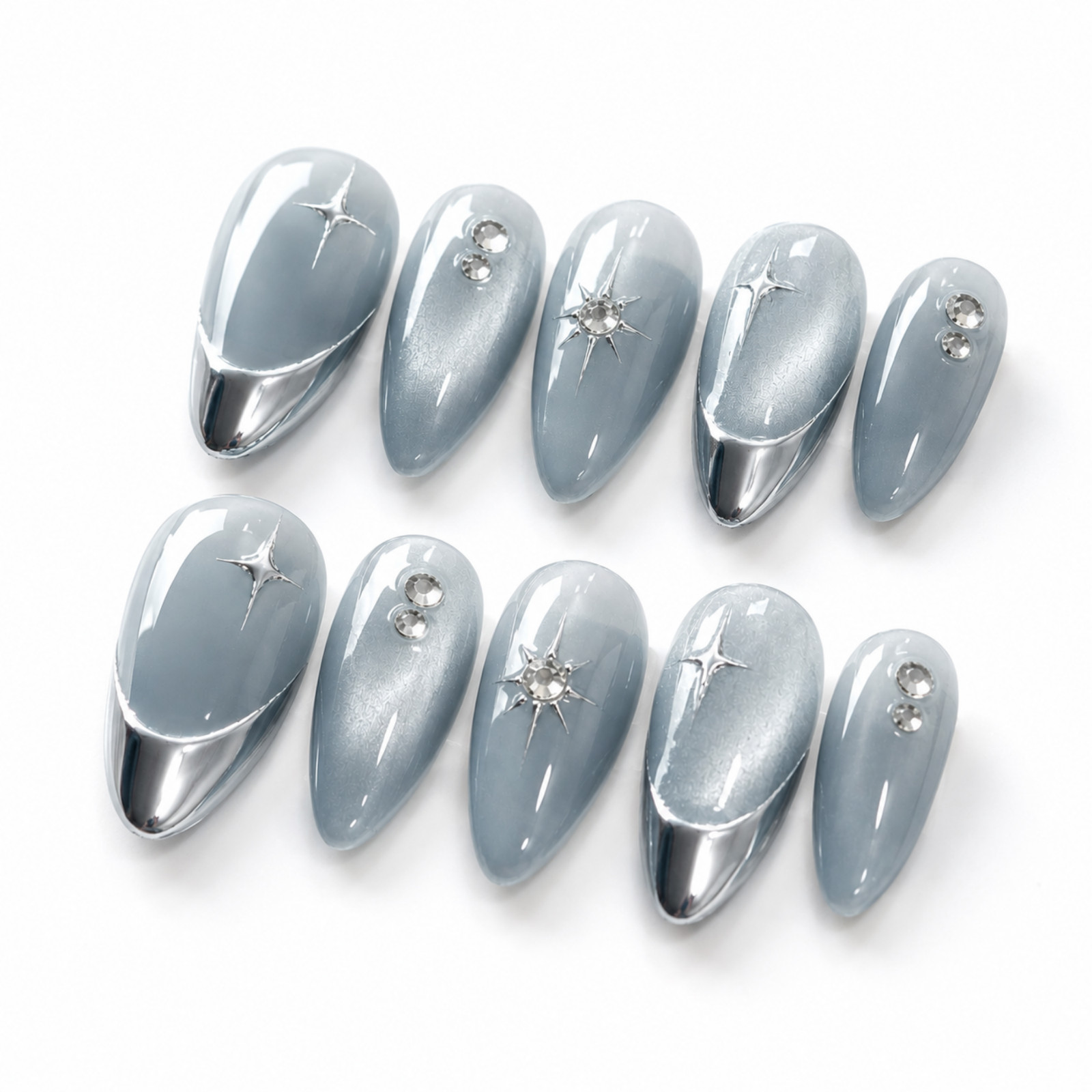Handmade Icy Gray Silver Chrome Star Press On Nails Rhinestone Set