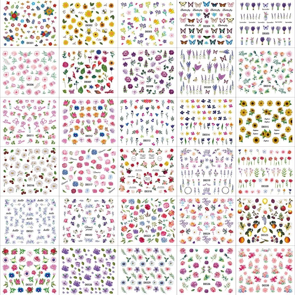 30 Sheets Flowers Nail Art Stickers Colorful Floral Butterfly Style8