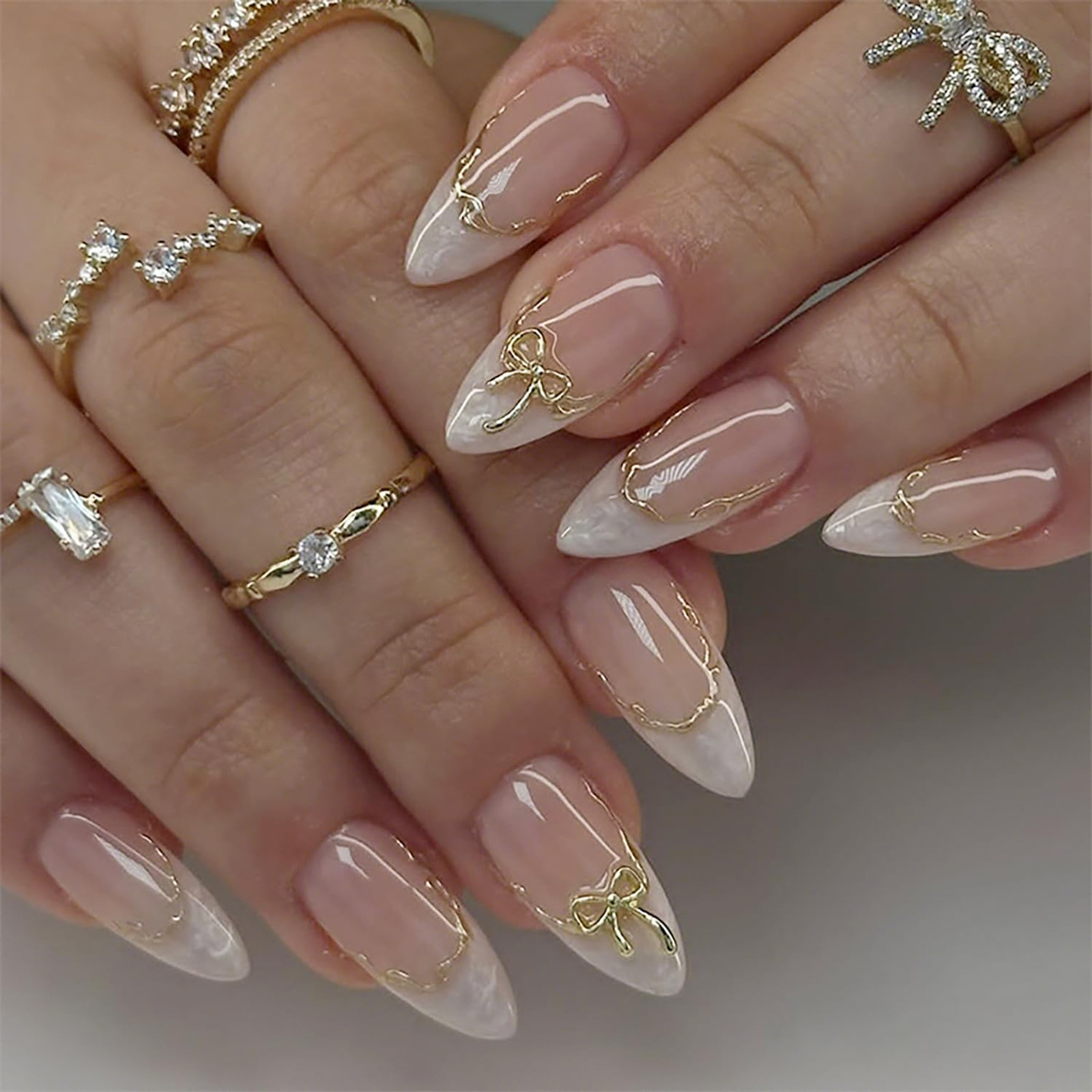 French Press On Nails Medium Almond with 3D Bow Acrylic Design, Gold Line, 24