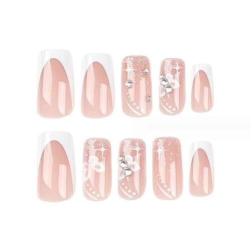 Foccna Long Press on Nails Nude Square Clear Fake Nails French Animal Print