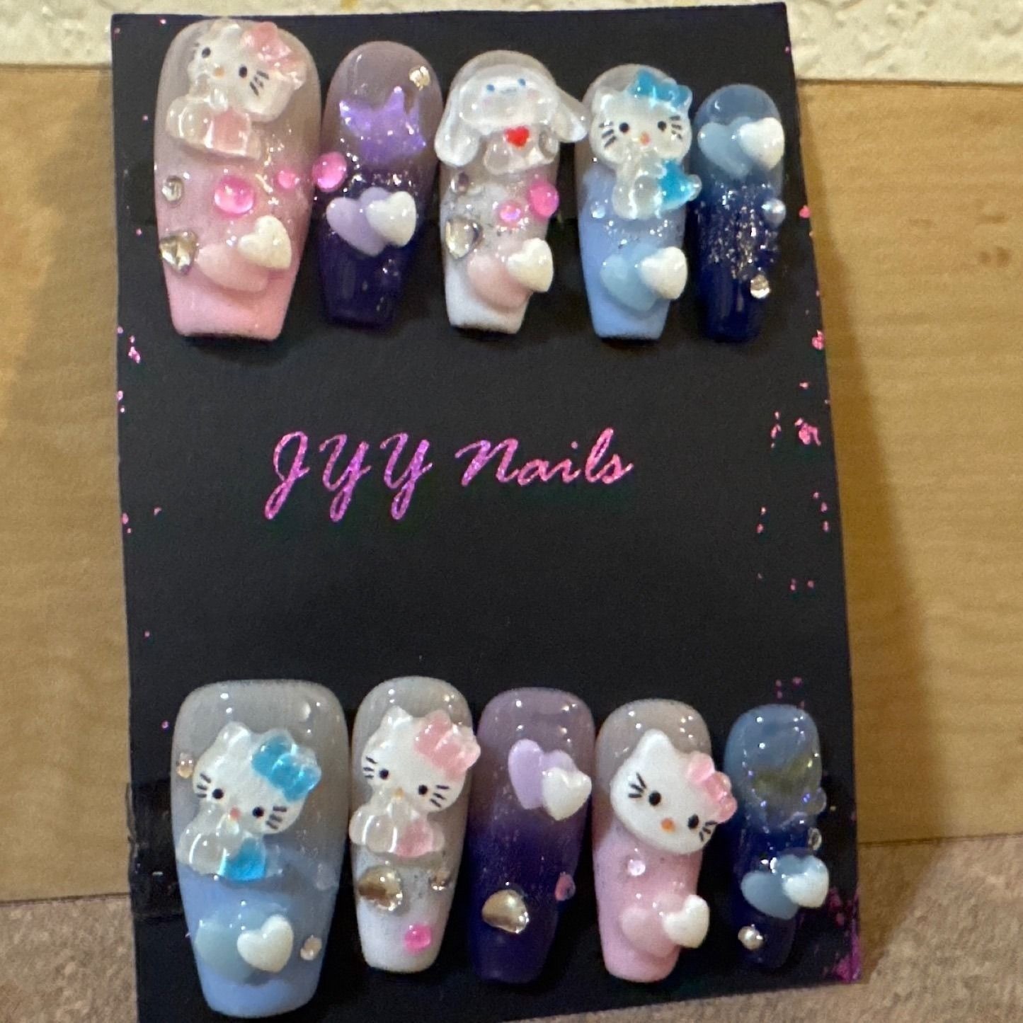 3D Sanrio Character Press On Nails Hello Kitty Cinnamoroll Long Coffin Set 10pc