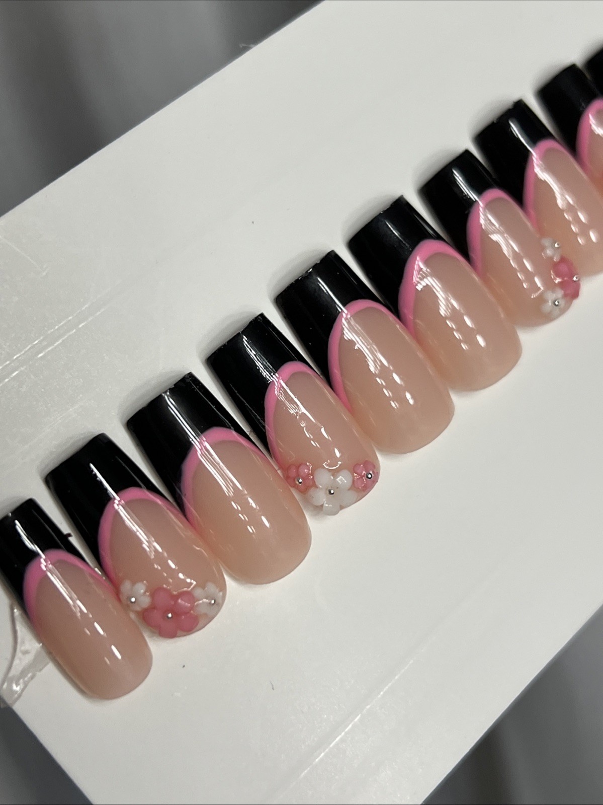🌸 CUSTOM Press On Nails FRENCH BLACK Flower PINK 10p SET W Kit