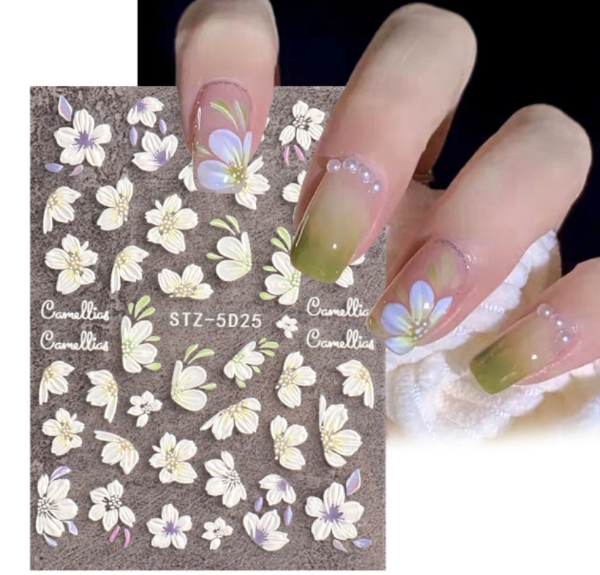5D Embossed Christmas Snowflakes Tulip Flowers Heart Bear Nail Stickers Peel Off