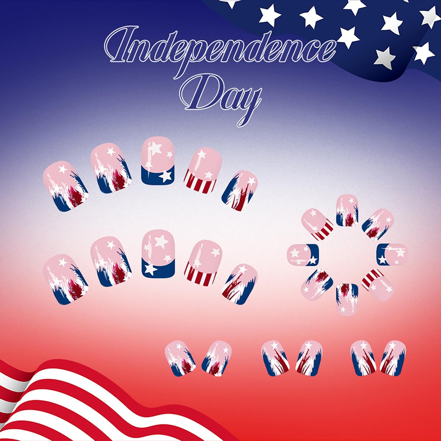 4th of July Press on Nails Short Square, French Tip Fake Nails Red White Blue…
