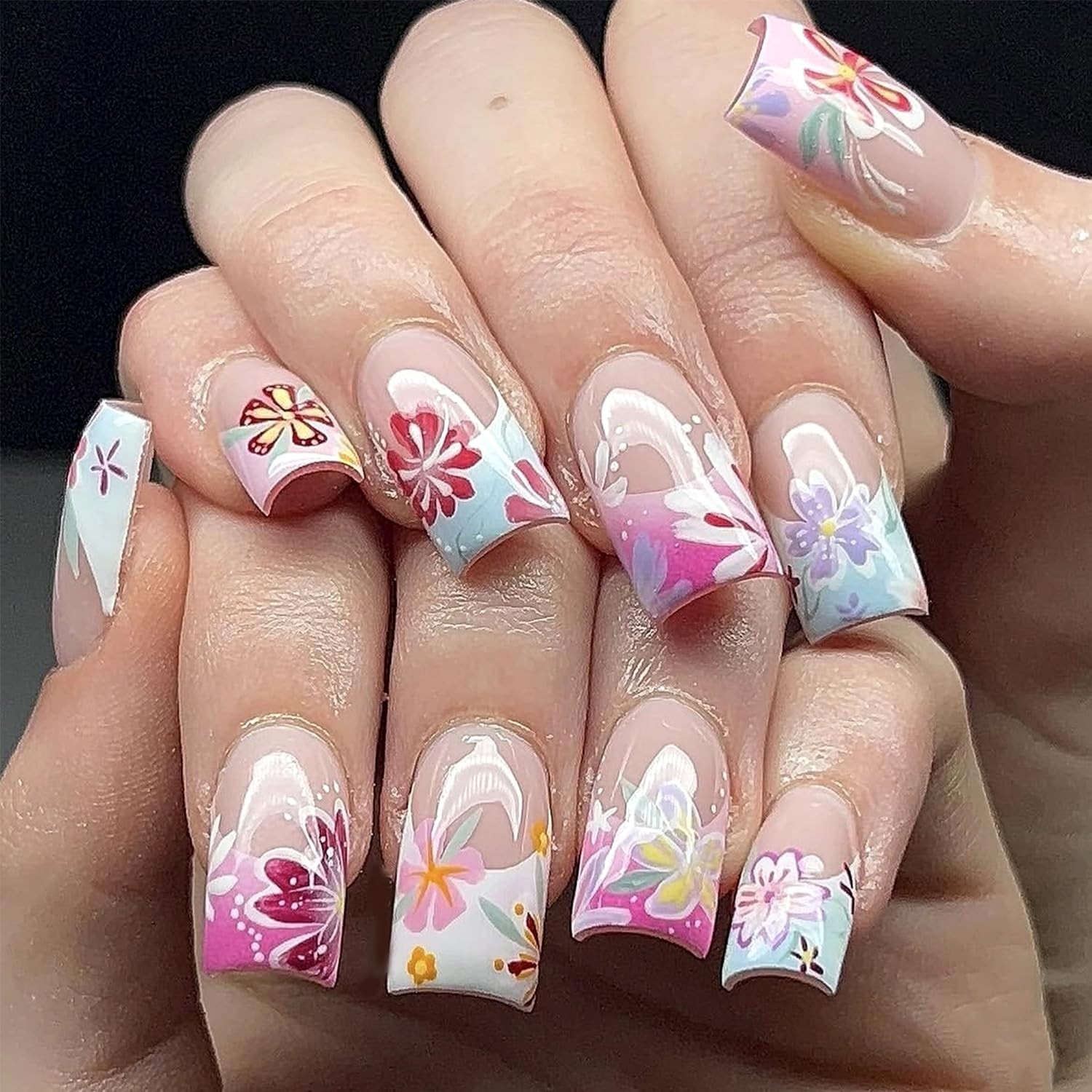 Colorful Flower Press on Nails Medium Square Fake Nails Summer Nail 24Pcs