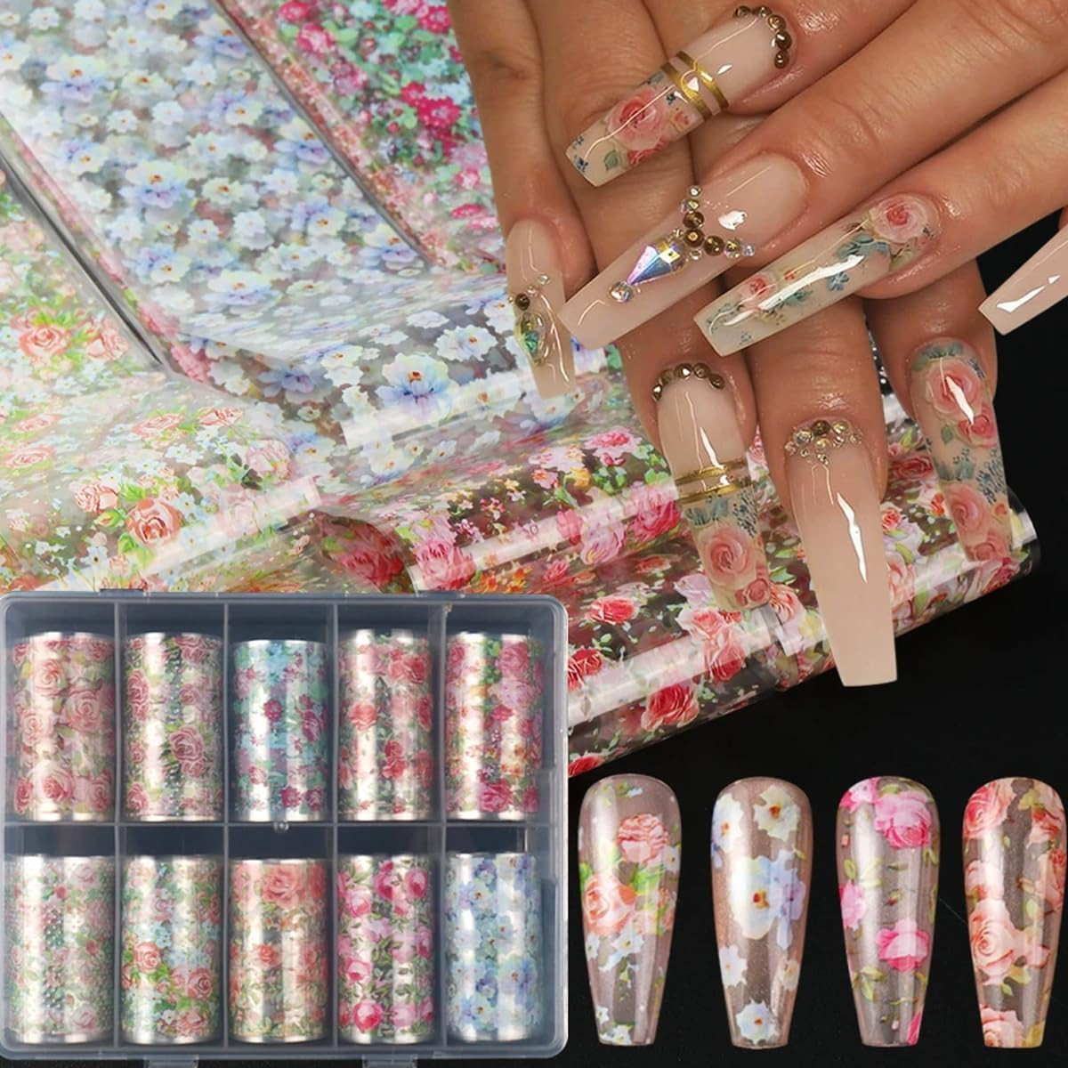 10 Rolls Flower Nail Art Foil Transfer Stickers Vintage Rose Floral Nail Foil Sh