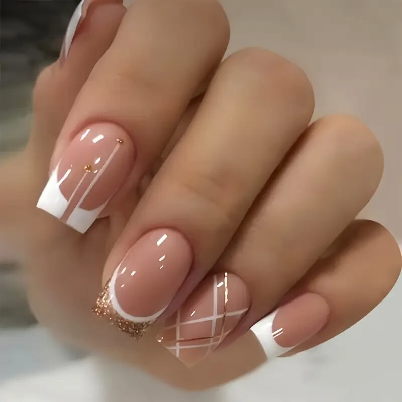 24pcs Golden Pearl Glitter Press-On Nails, Square Shape, Middle Length, Glossy