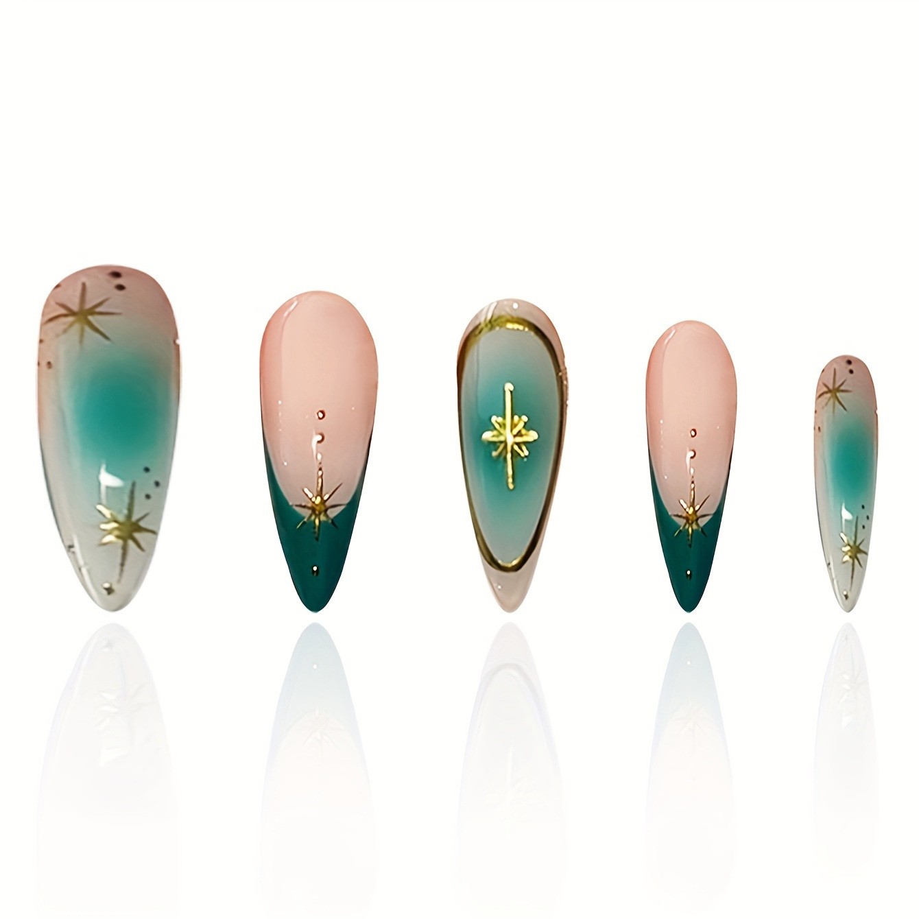 24pcs Gradient Green Starlight False Nail Almond Short Glitter Press On Nails