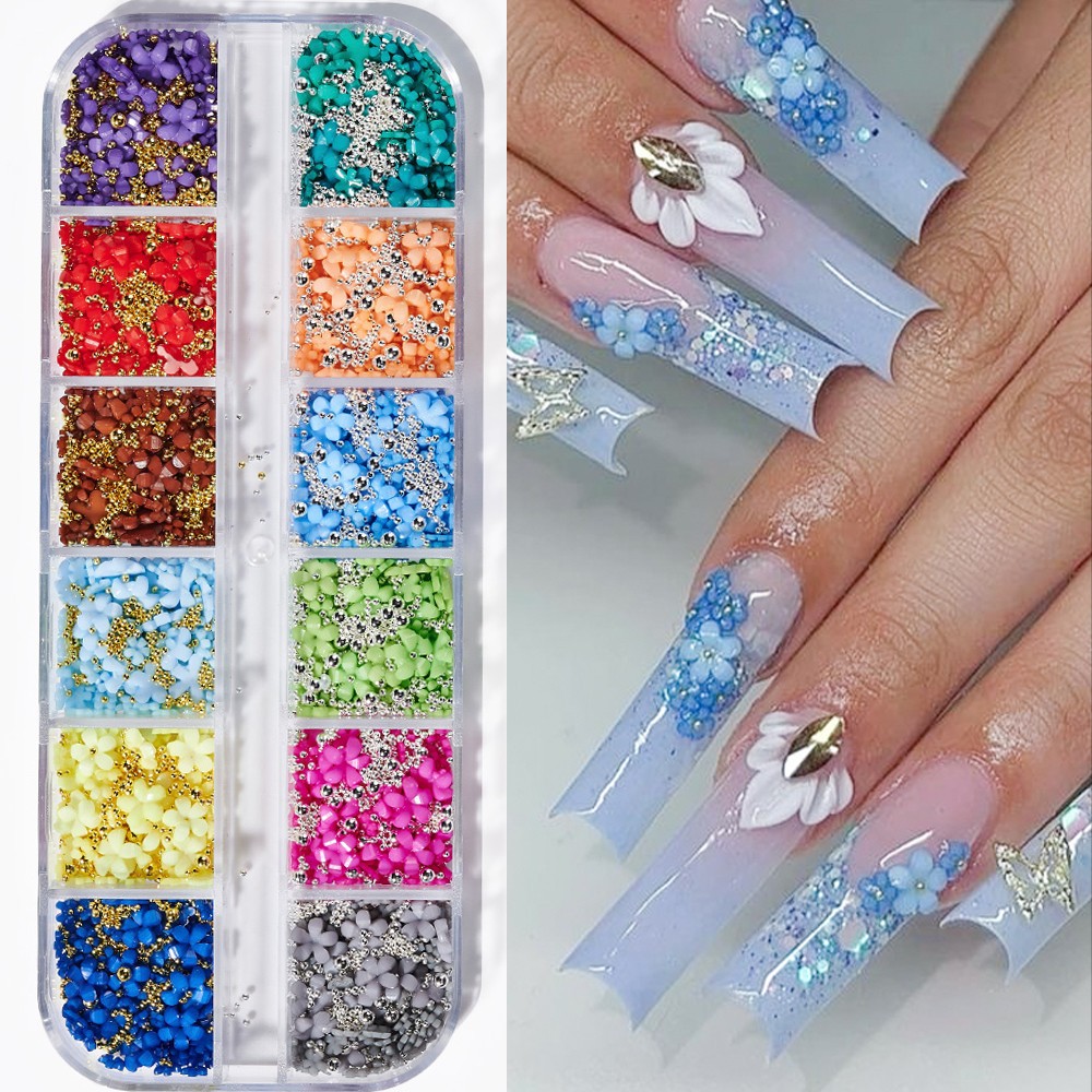 12/15Grids Acrylic Flower Nail Charms Mix Colors Set 3D Flower Nail Art Rhinesto