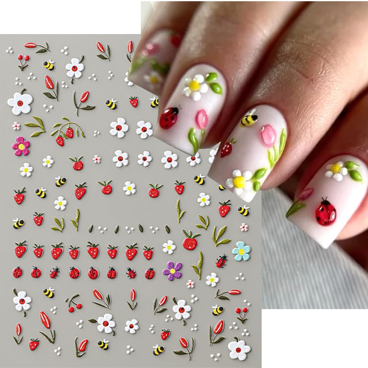 2 Sheets 5D Flower Nail Art Stickers Decals Embossed Daisy Nail Decals Bee La…
