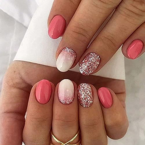 Press on Nails Short Oval Pink Fake Nail with Glitter Ombre White Design on
