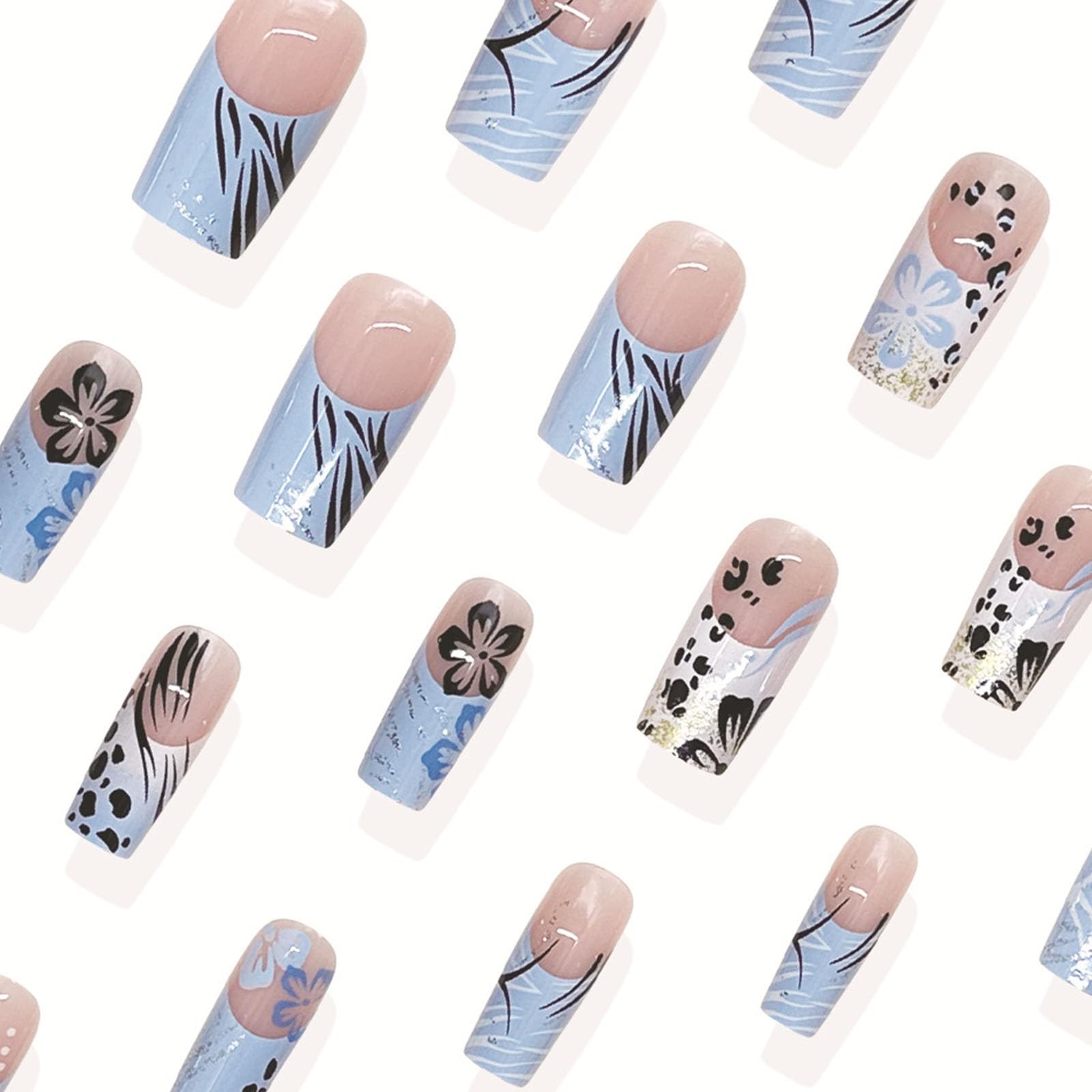 French Tip Long Press on Nails Almond Fake Nails with Leopard Flower Lines Gl…