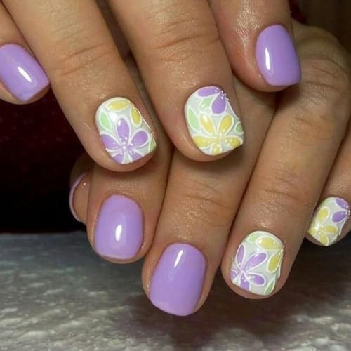 Purple Press on Nails Short Square Fake 1 Fl Oz (Pack of 1) Square Flower-10