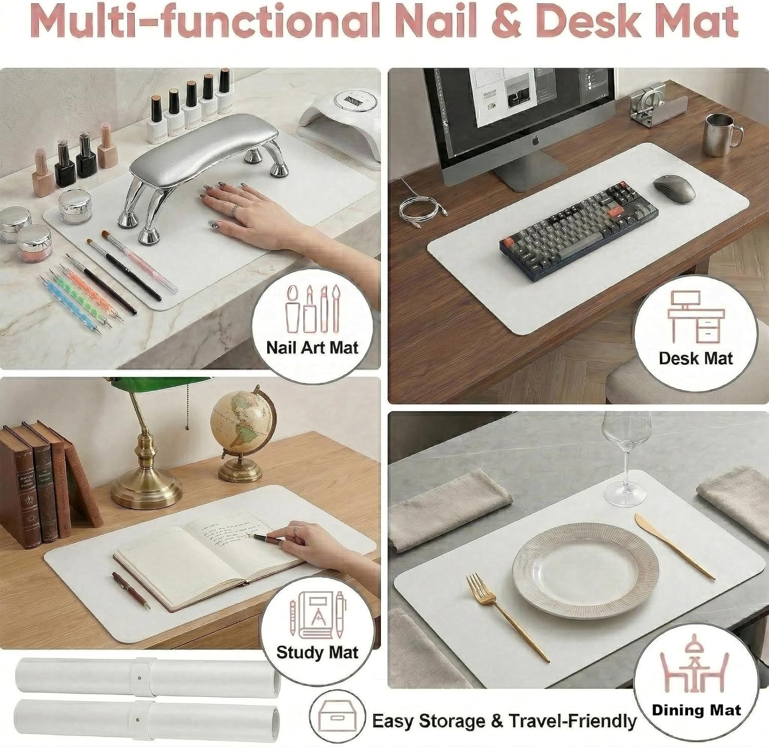 2 PCS Nail Art Table Mat, Soft Microfiber PU Leather Nail Pad, Foldable Nail Art