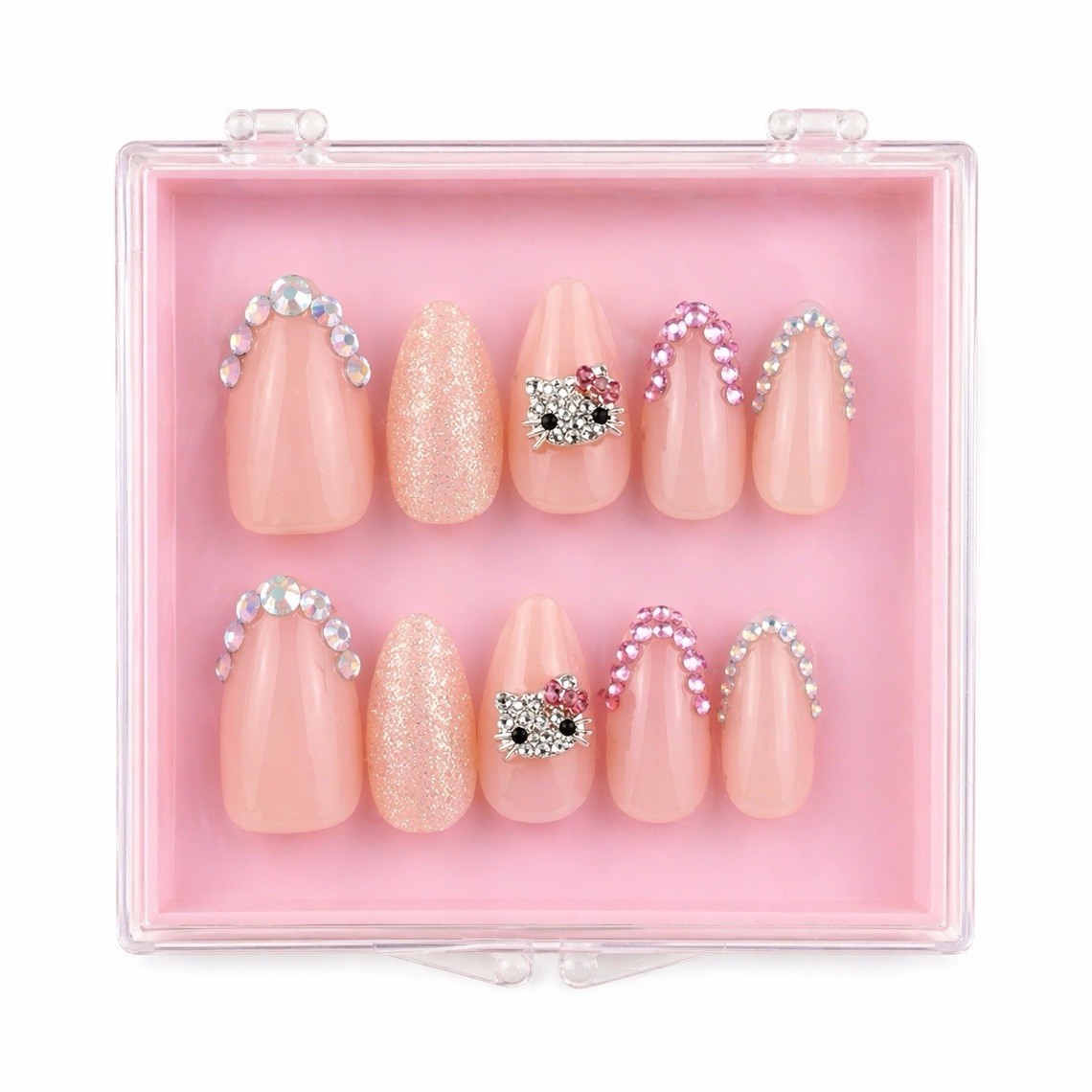 Peach Pink Silver 3D Almond Acrylic Medium Press-On Nails Diamond Glitter Set