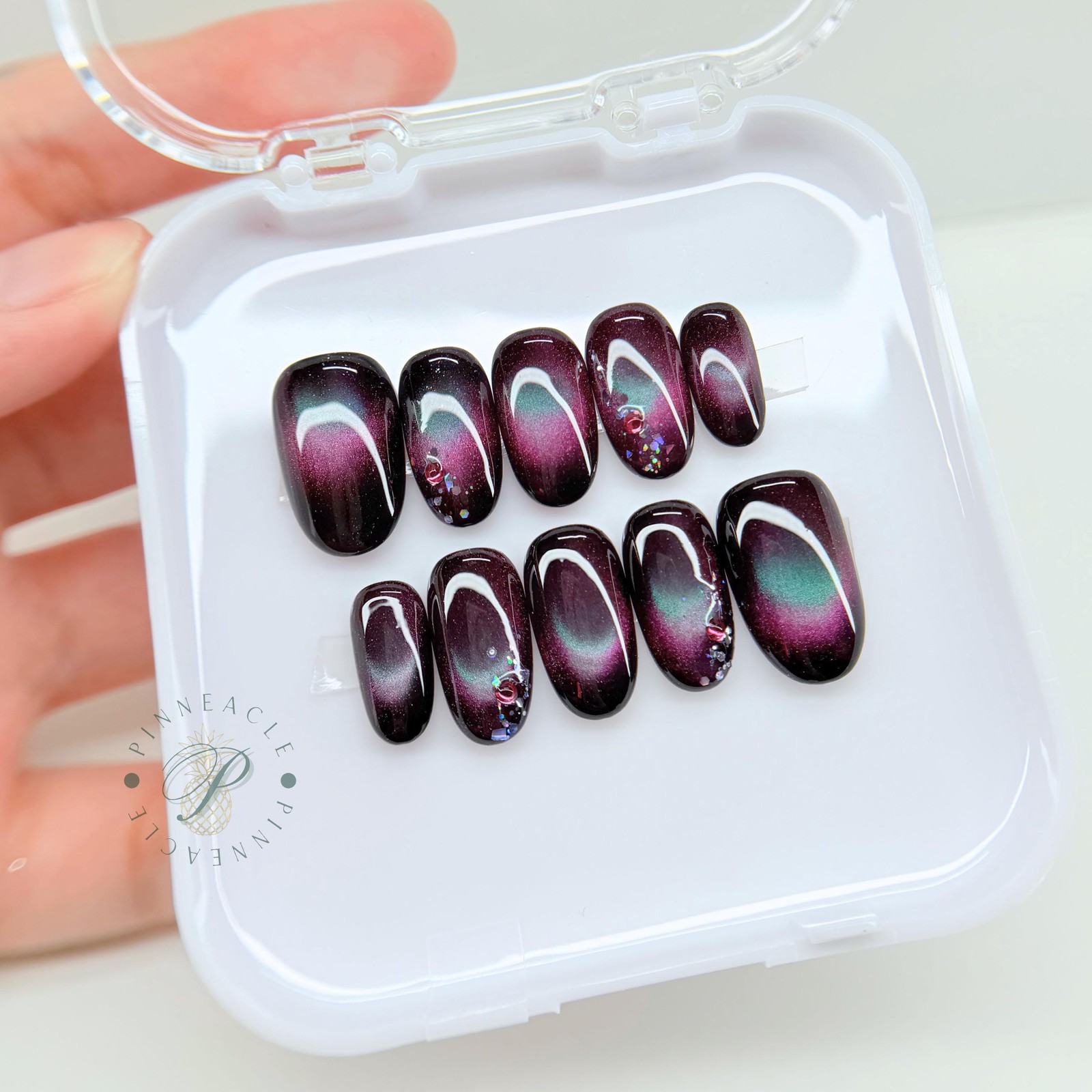 Custom Handmade Purple Green Cat Eye Glitter Rhinestone Round Press on Nails