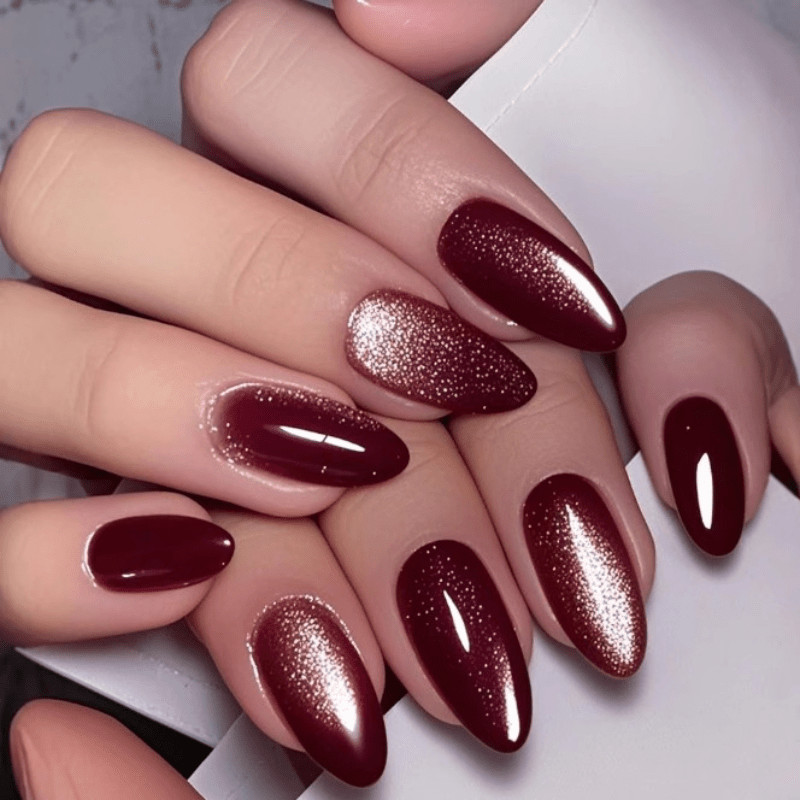 48pcs Almond Press on Nails, Wine Red Glitter Ombre Glossy Elegant Nails