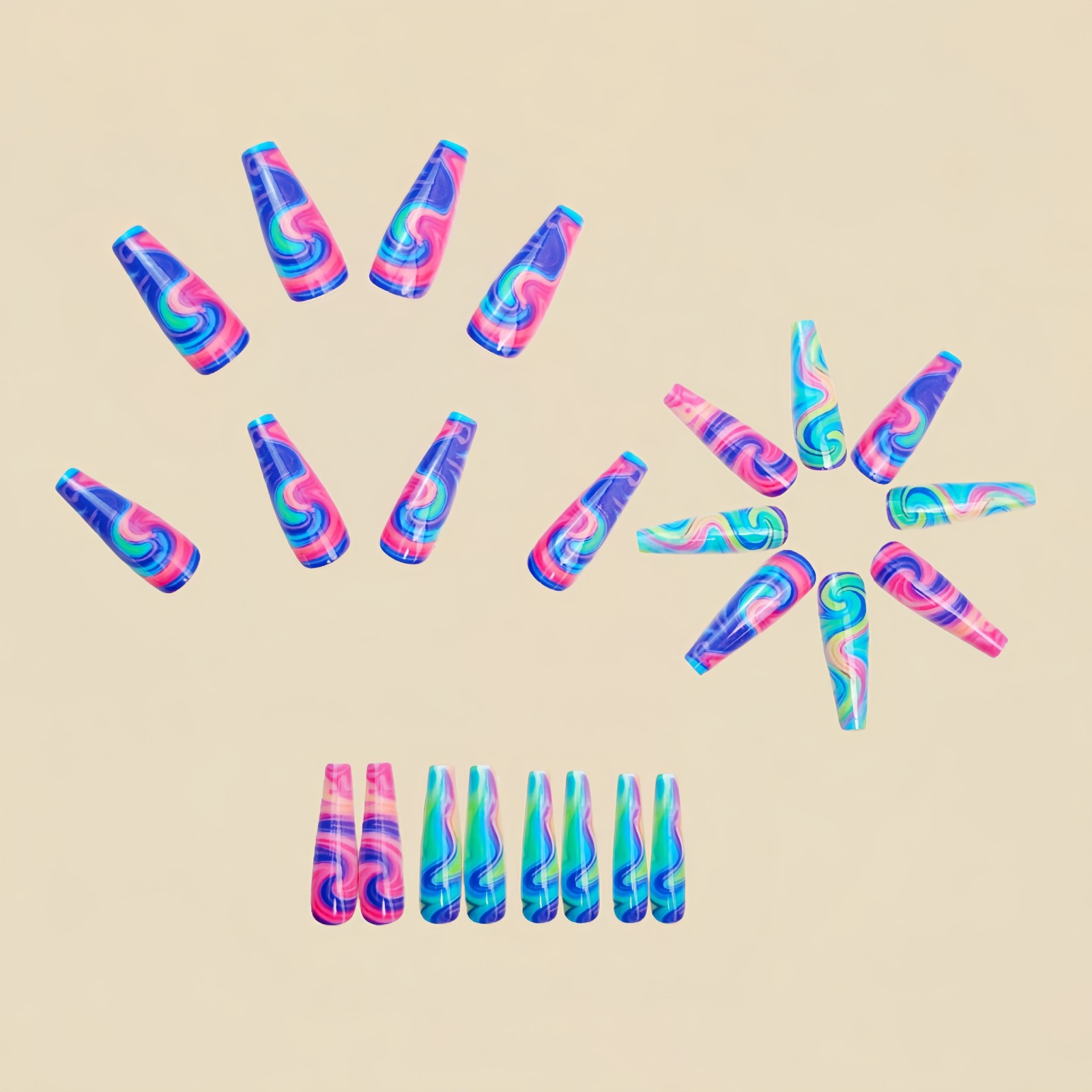 48Pcs Rainbow Swirl Press on Nails Neon Colorful Glossy Stylish Shiny Fake Nails