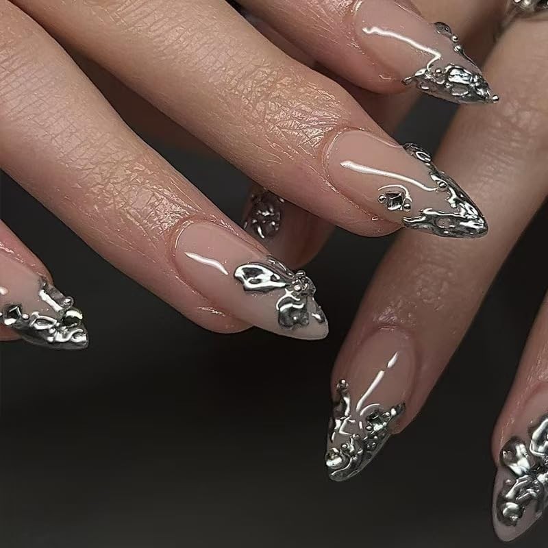 Almond Press on Nails Silver Fake French Tip False Medium, Style 6
