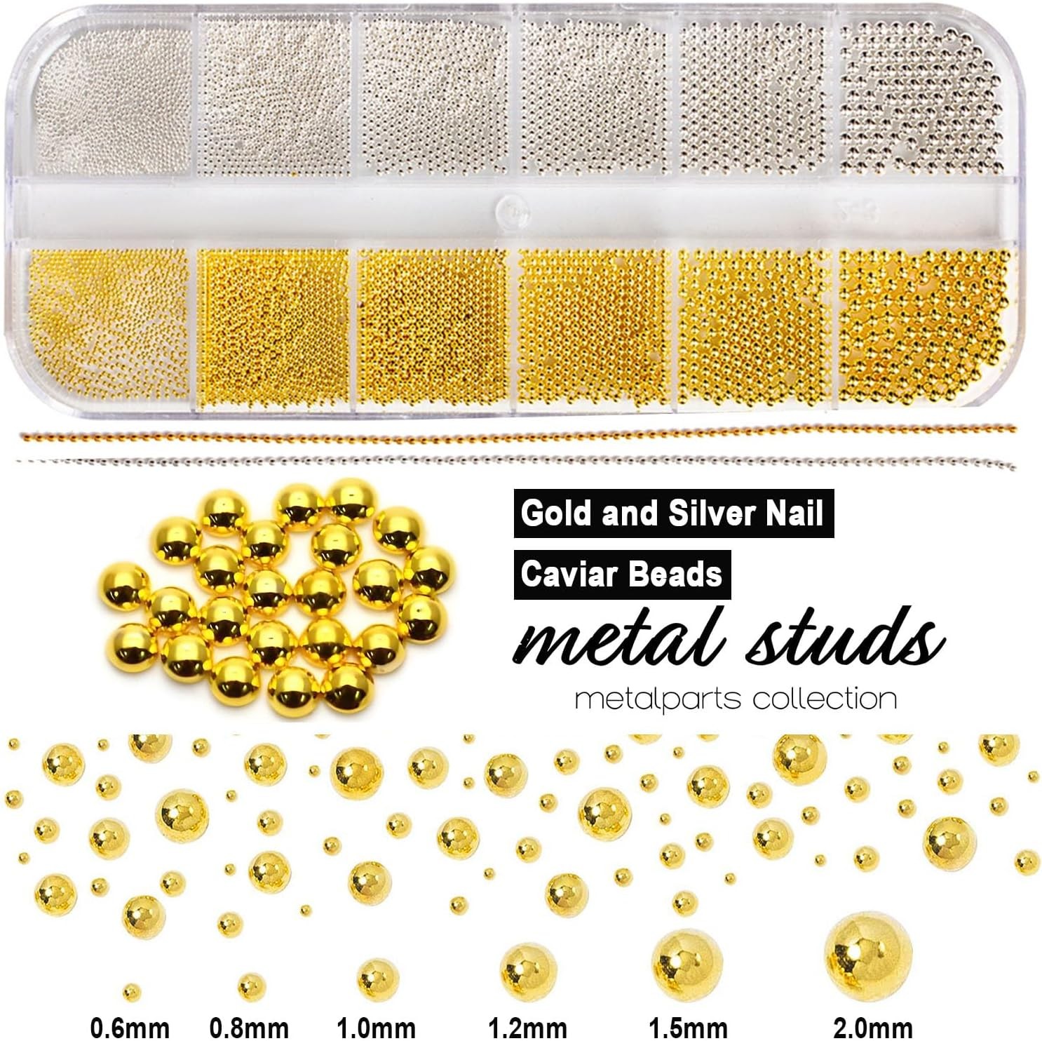 Gold and Silver Nail Art Charms Kit with Caviar Beads Flatback Pearls and Chain