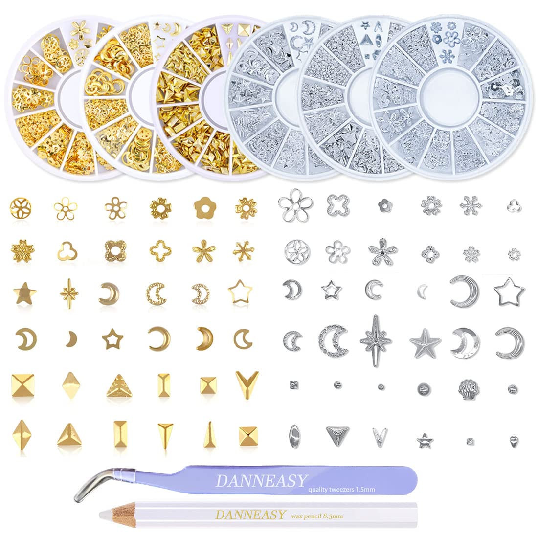 3D Nail Charms Metal Nail Art Studs Gold Nail Jewels Silver Hollow Star Moon She