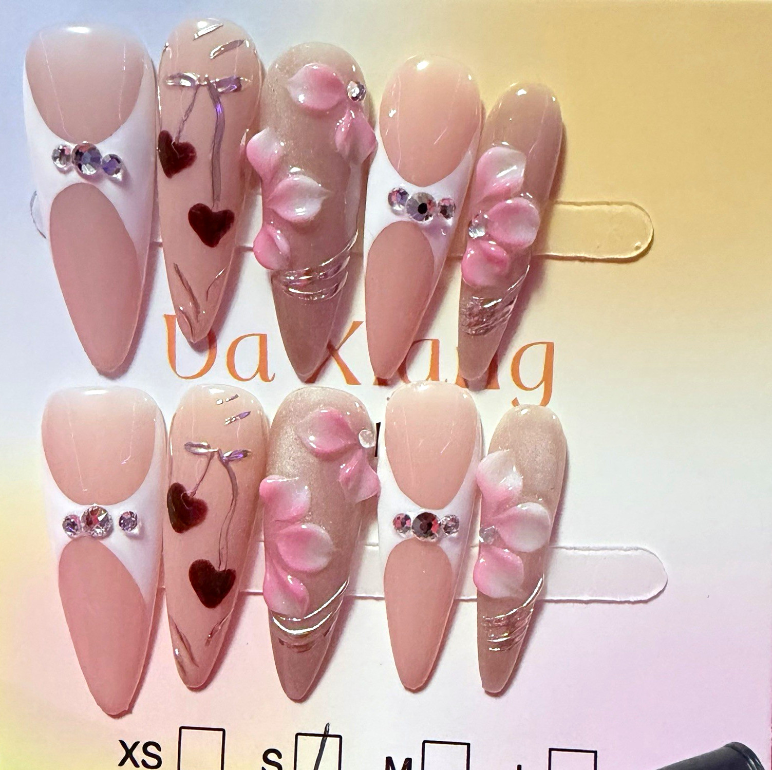 Pink/White 3D Heart Stiletto Press-On Nails, Long Full Cover Pre-Designed