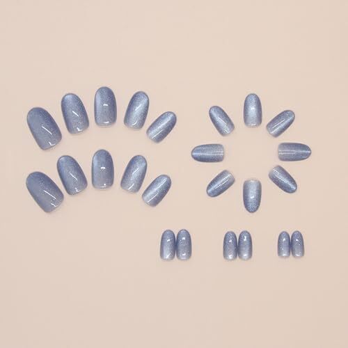 Press on Nails Medium Oval Fake Nails Glitter False Nails Glossy Blue Cat Eye