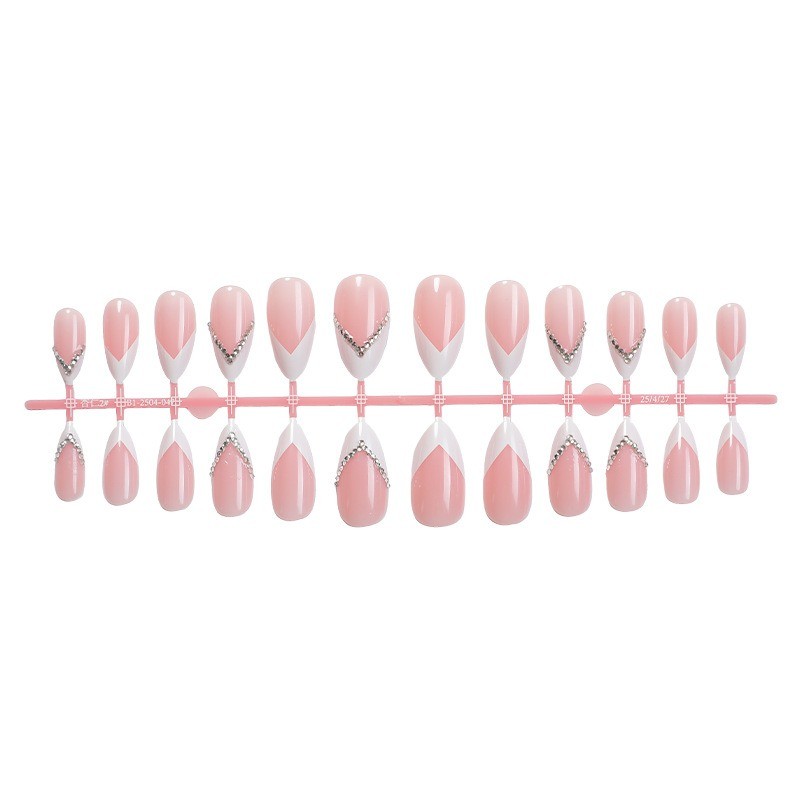 48pcs Elegant Rhinestone French Nails Almond Nude Pink with Sparkly V Design