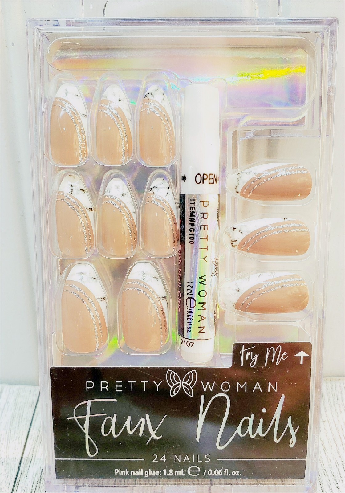 Pretty Woman 24 Faux Nails Beige Glitter White Marble Glue Included Coffin