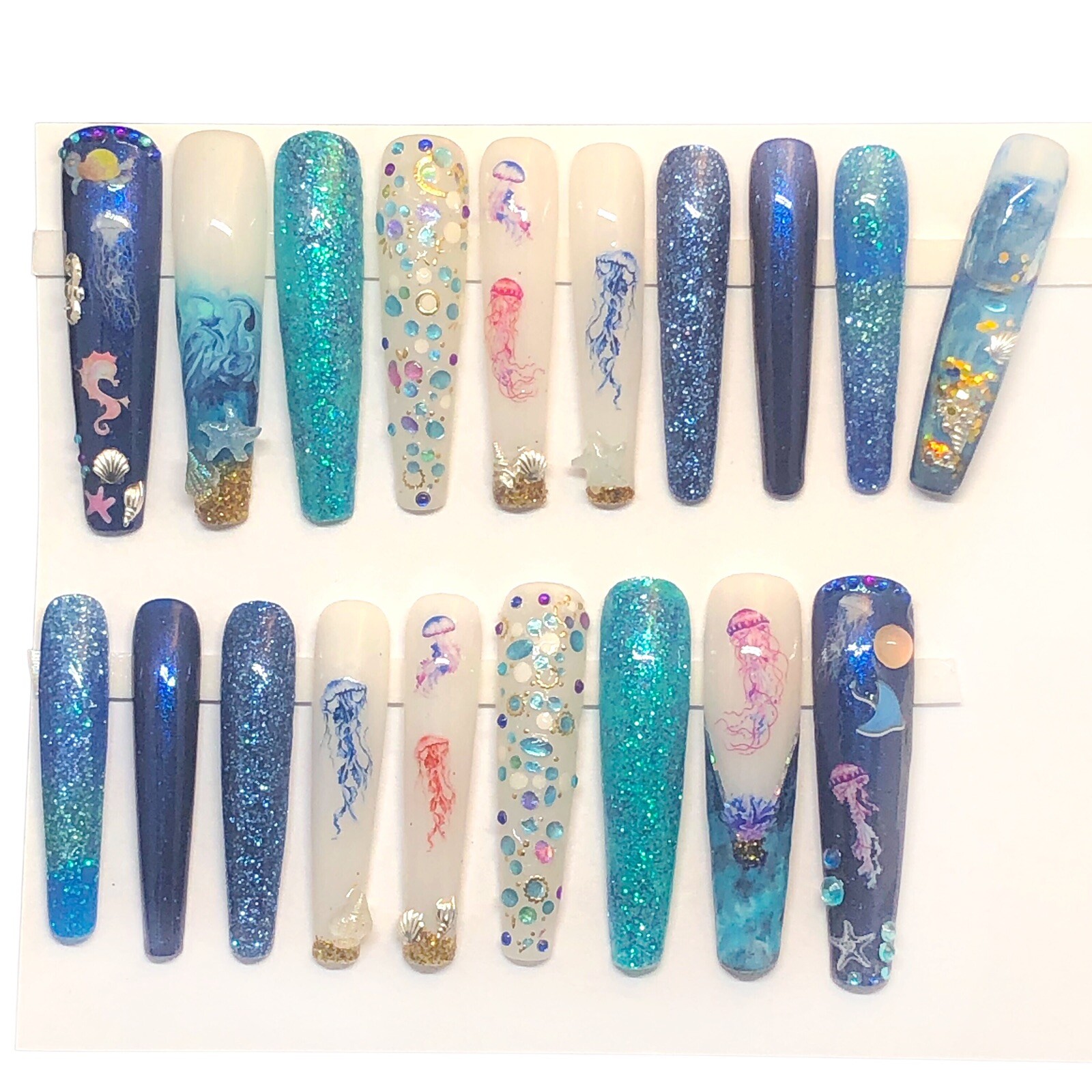 Custom Handmade Press On Nails 2X Long Coffin Blue Summer Ocean Beach Nails