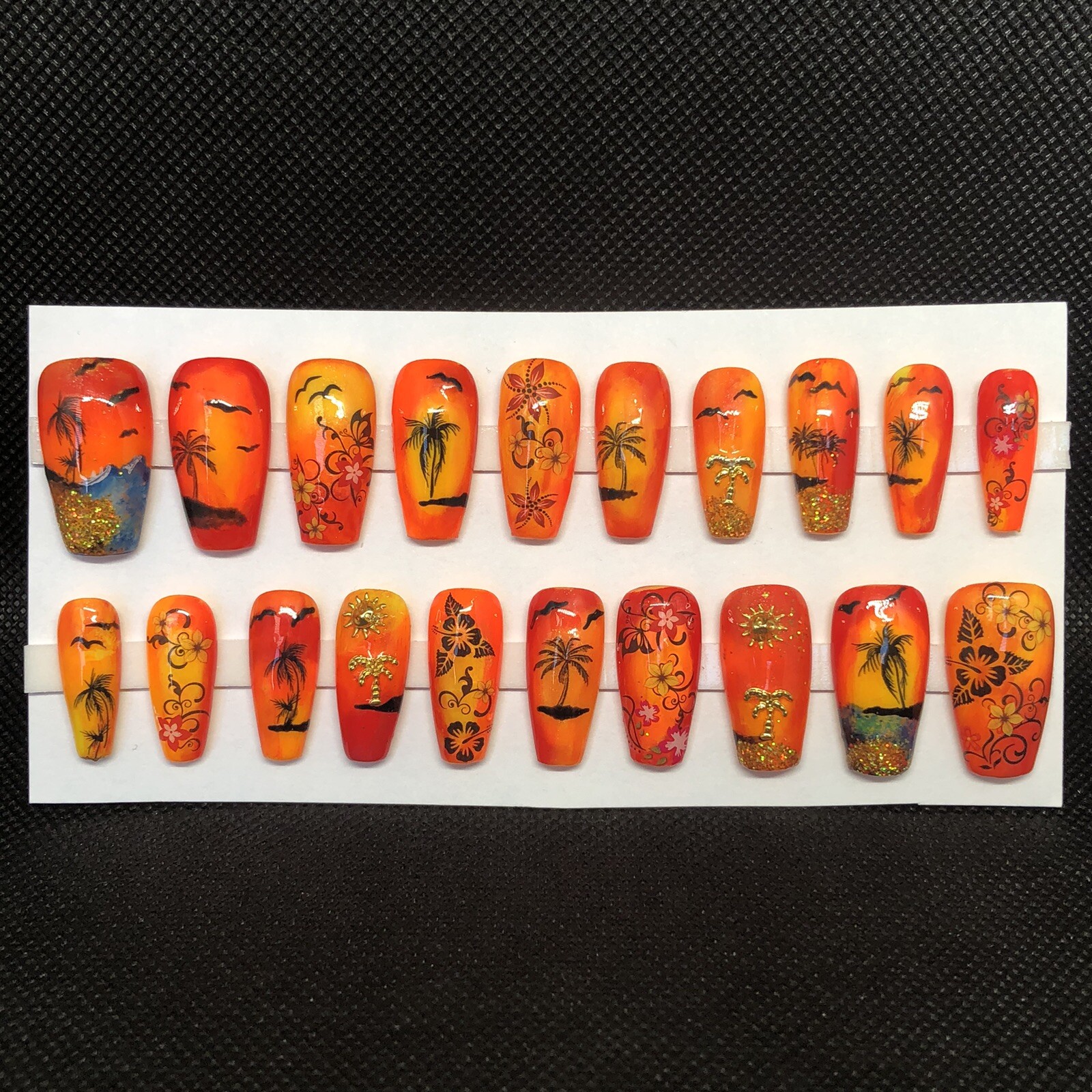 Handmade Custom Press On Nails Long Coffin Shape Summer Tropical Beach Nails