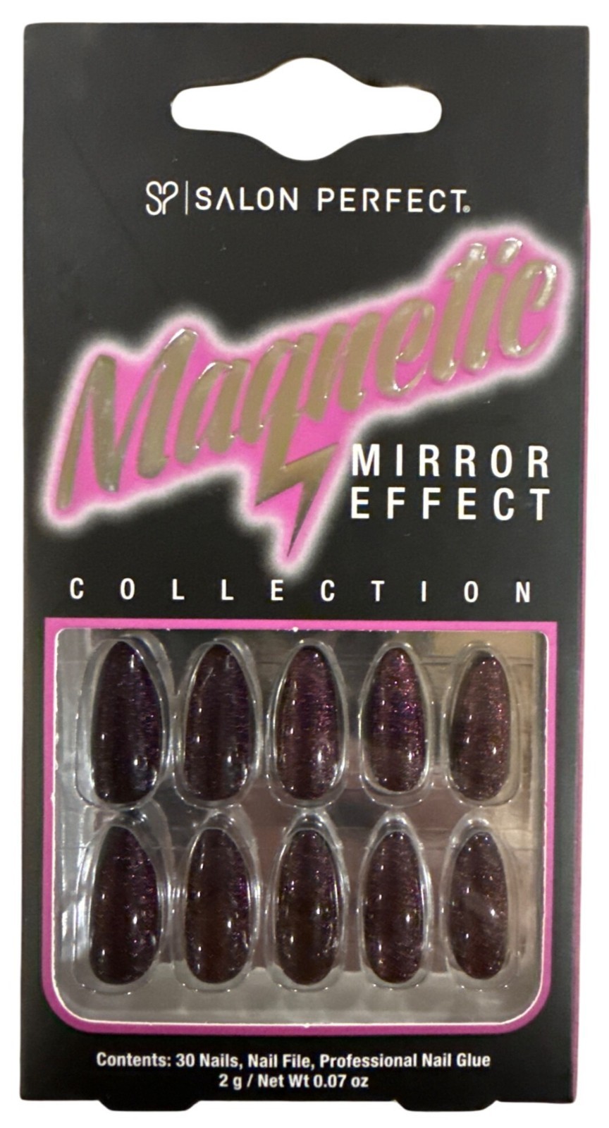 Salon Perfect MAGNETIC 30 Nails MIRROR EFFECT Long Almond Glitter PURPLE