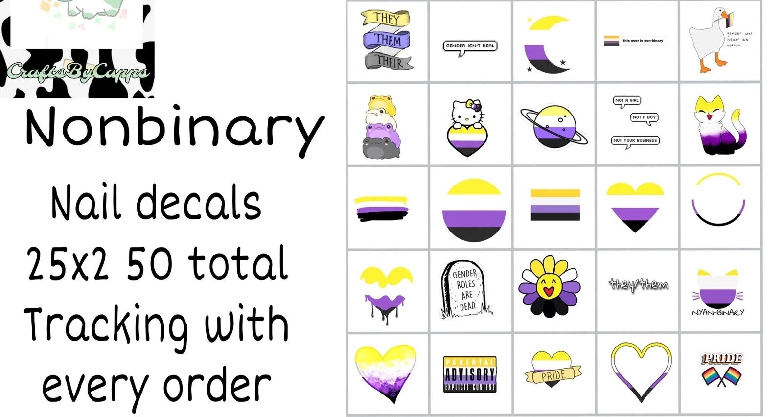Nonbinary Pride Waterslide Nail Art Decals Set Of 50, Instructions Bonus KC