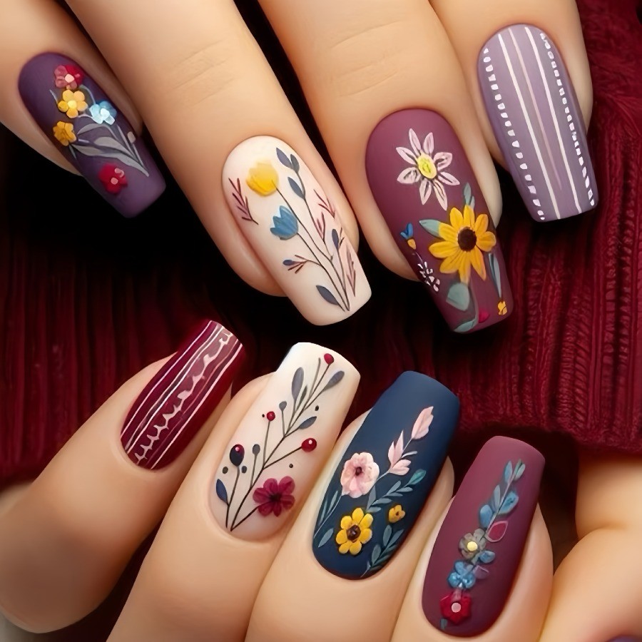 Fall Botanical Nails, Press on Medium Square with Sunflower & Wildflower Designs