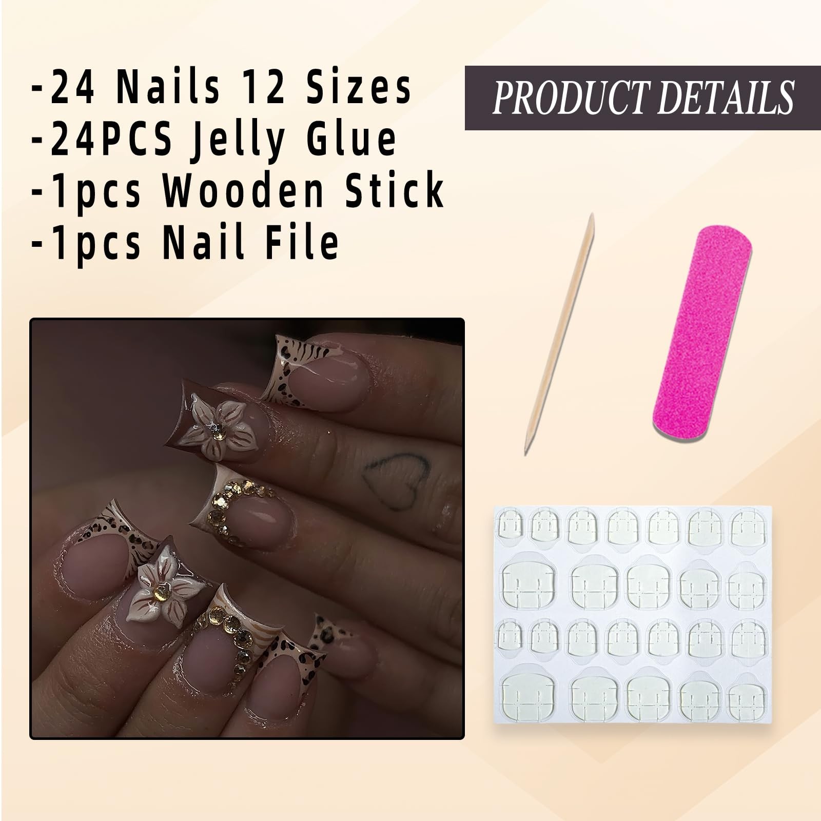 Jremg Leopard Print French Tip Press on Nails Short Square, Multicolor