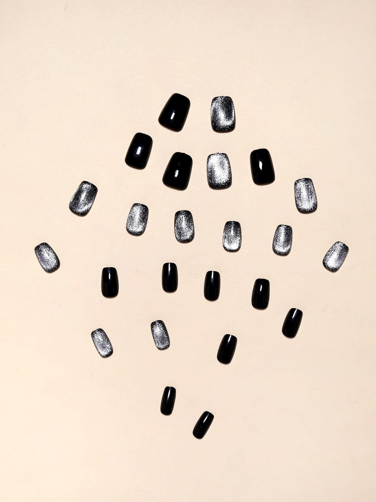 24pcs Short Square Glitter Black Glitter Cat Eye Fake Nail False Nails Press On