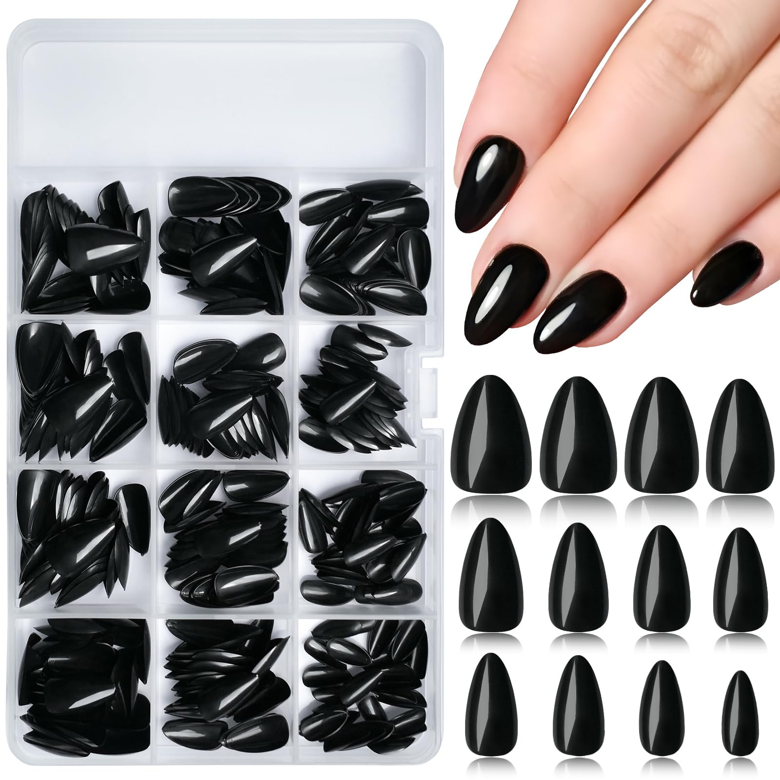 360pc Almond Press on Nails Short Fake Nails Black Glue on Nails XS Short Acryli
