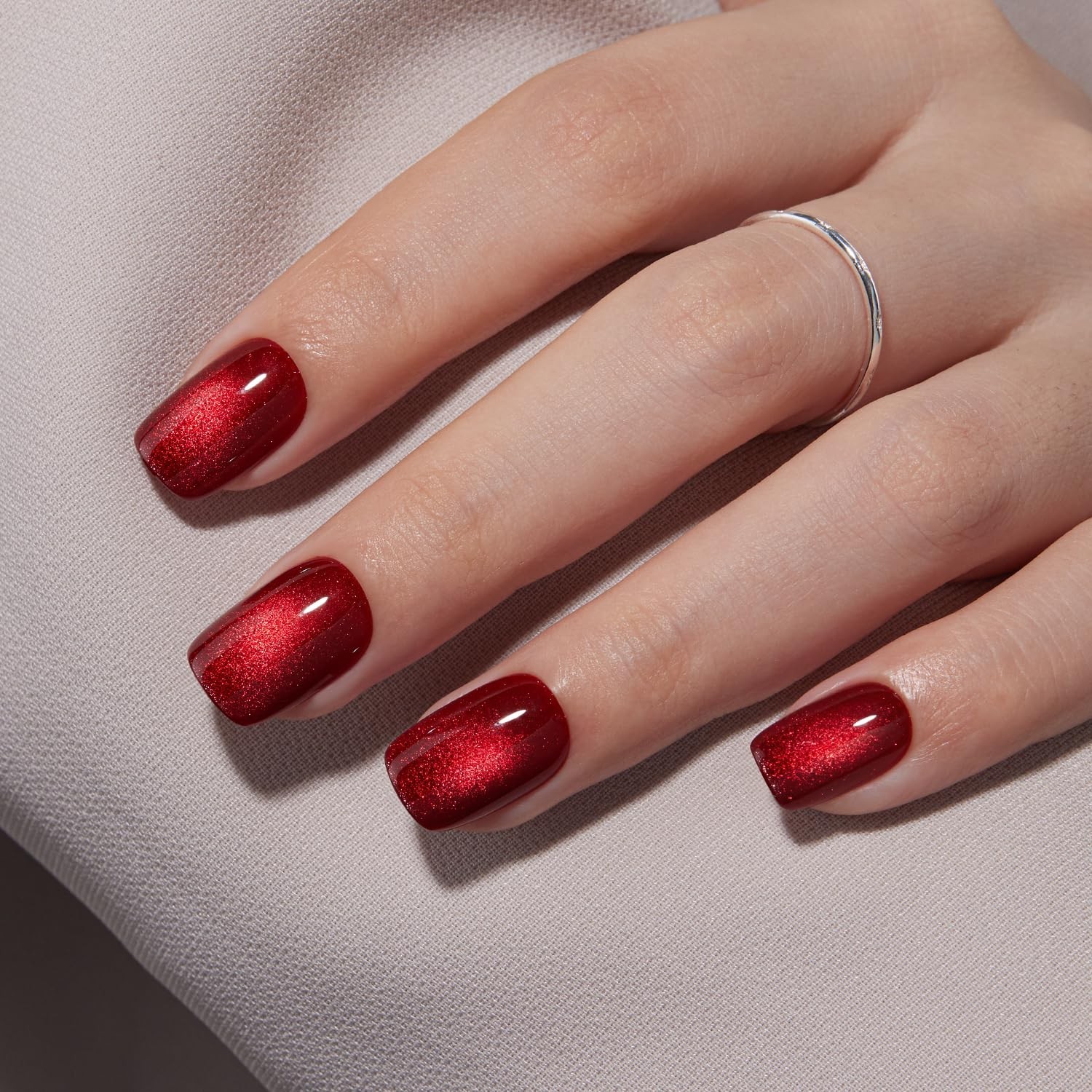 Short Square Press on Nails – Red Cat Eye Glitter, Burgundy Magnetic Effect, 32