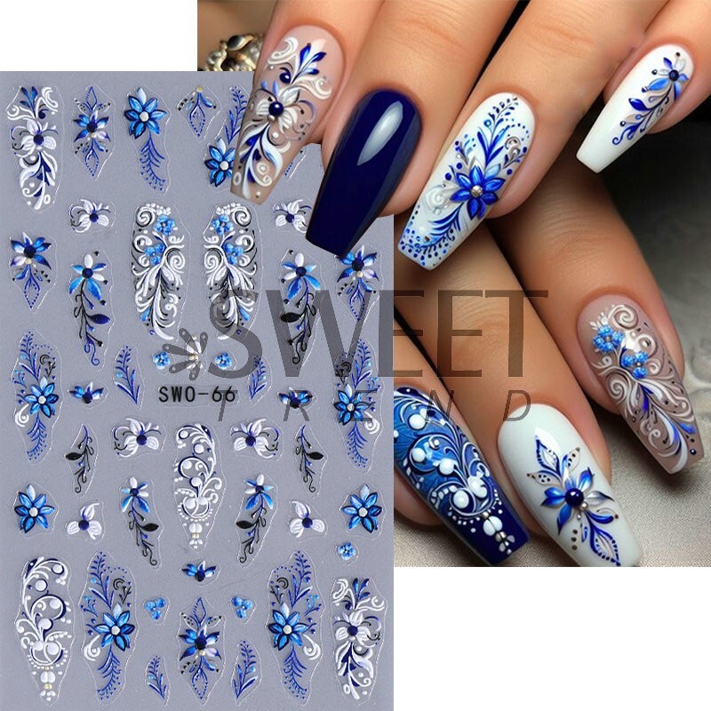 Blue Lace Floral Flowers Nail Art Stickers Embossed Decals DIY Nail Design NS52