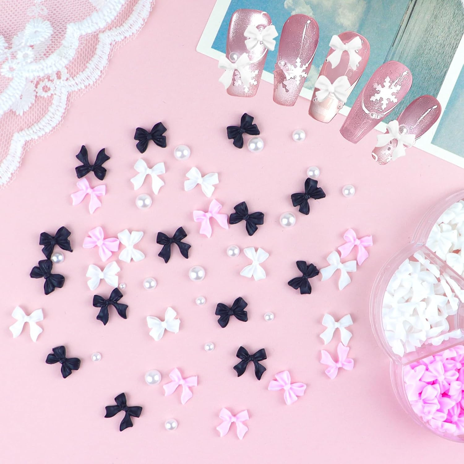 300Pcs 3D Bow Nail Charms and Flatback Pearls Set,Black White Pink Bowknot,Bo…