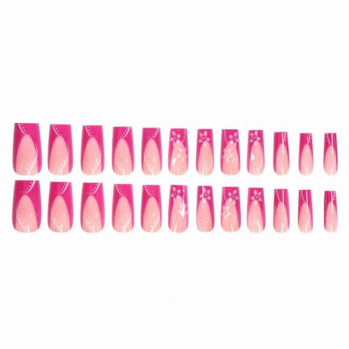 Press on Nails Long Square Fake Nails Glossy Glue on Nails Hot 08005Hot Pink