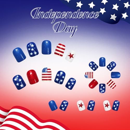 4th of July Press on Nails – Short Square Star Stripe Glitter Nails – A31