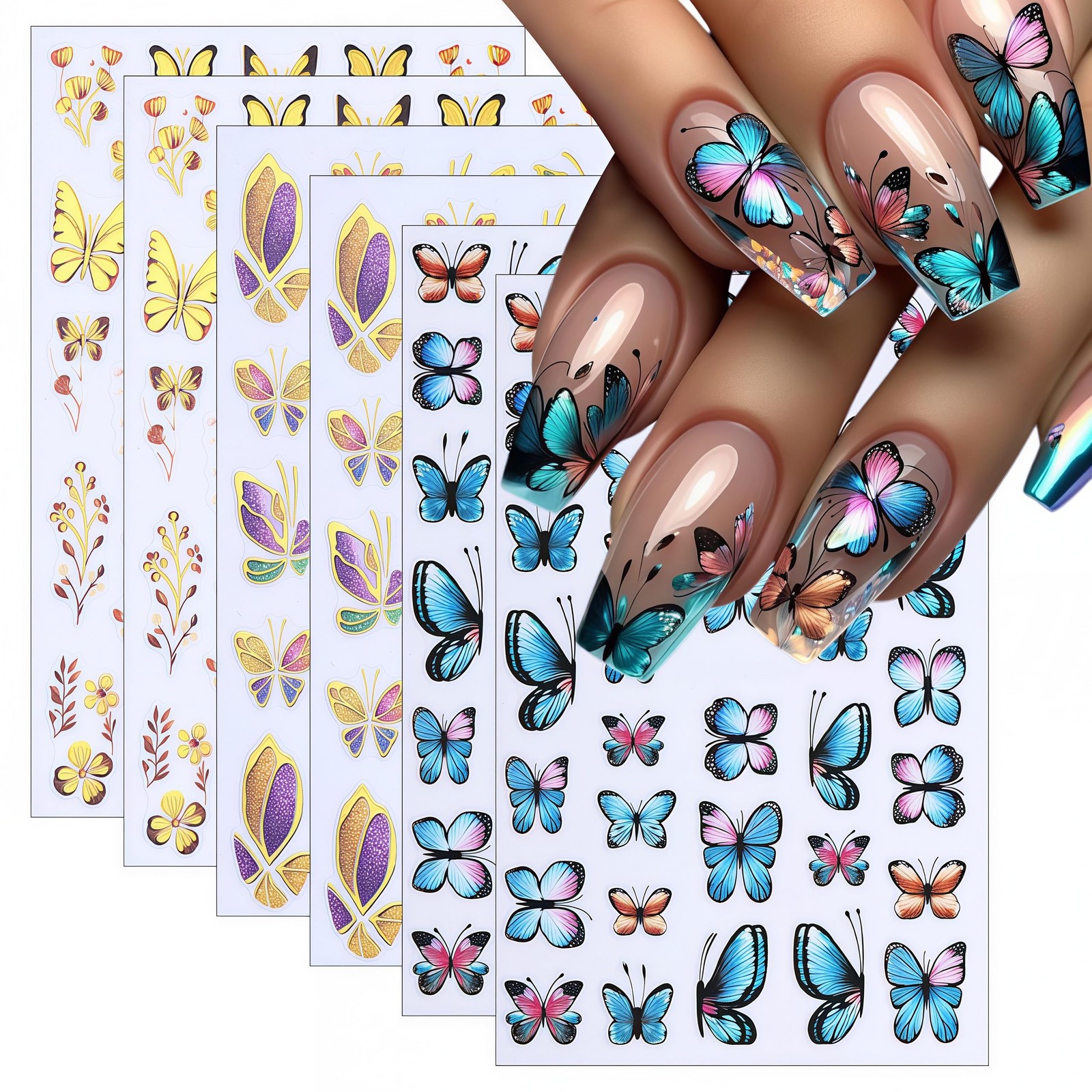 Blue Butterfly Nail Art Stickers Self-Adhesive About 3.7 in X 2.6 in, Color